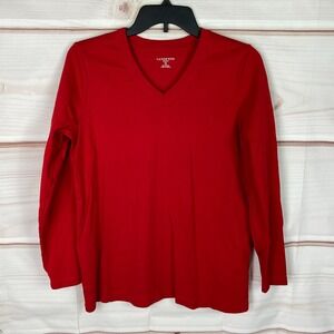 Lands End Top Womens 0X Red V-Neck Shaped T-Shirt Long Sleeve Cotton Solid Knit